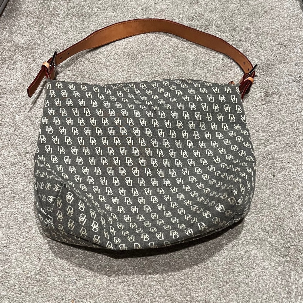 Dooney & Bourke Monogrammed Gray Hobo with Tan Strap